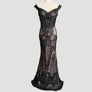 Fashion Nova Sequin Maxi Dress Black Nude Size L NWT Whimsigoth witchy gothProm